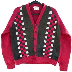1960’s Palle di Moda Vintage 100% Wool Suede Checkered Cardigan Sweater Jacket